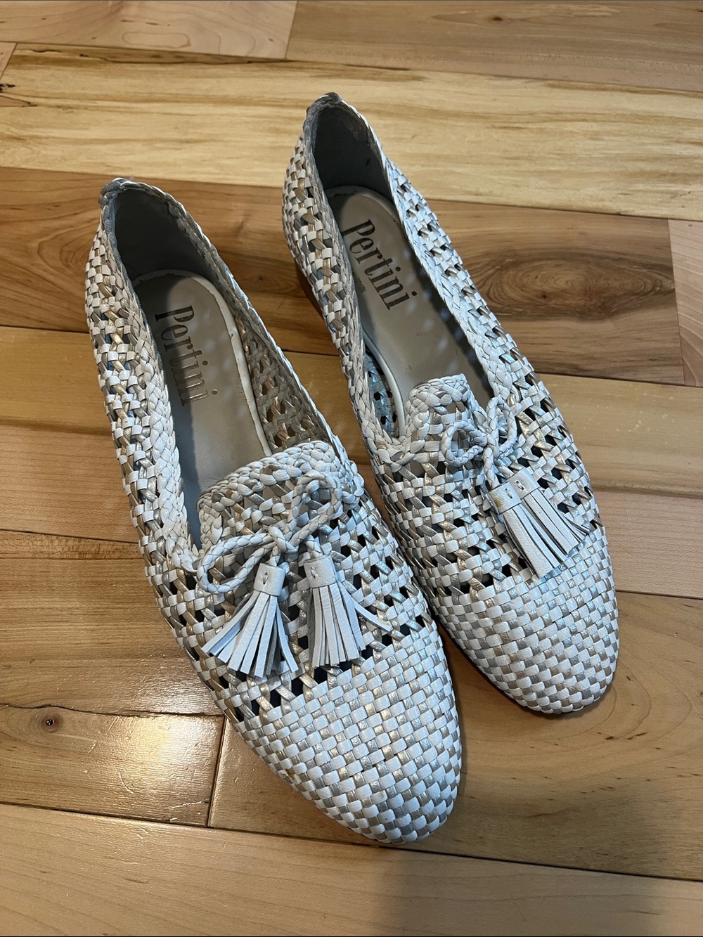Pertini White Woven Tassel Loafers for Women